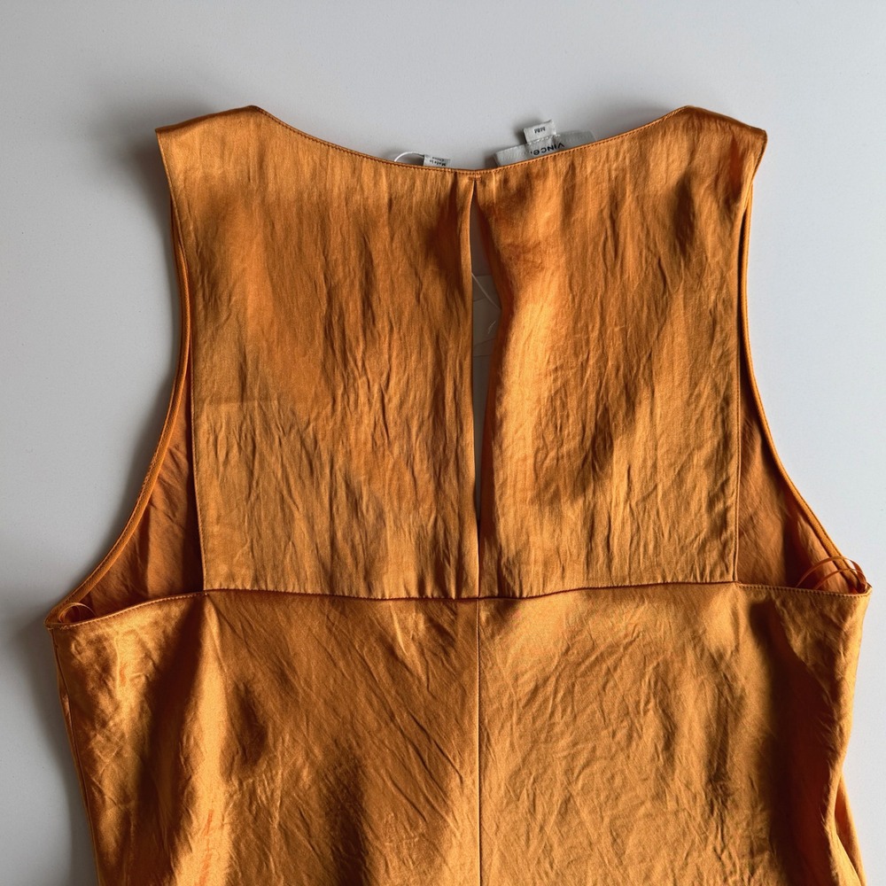 Vince NWT Satin Crinkle Sleeveless Tank Scoopneck Deep Orange Midi Slip Dress M - Picture 3 of 9